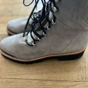 Marc Fisher Gray leather suede women’s lace up boots with real sheep fur.